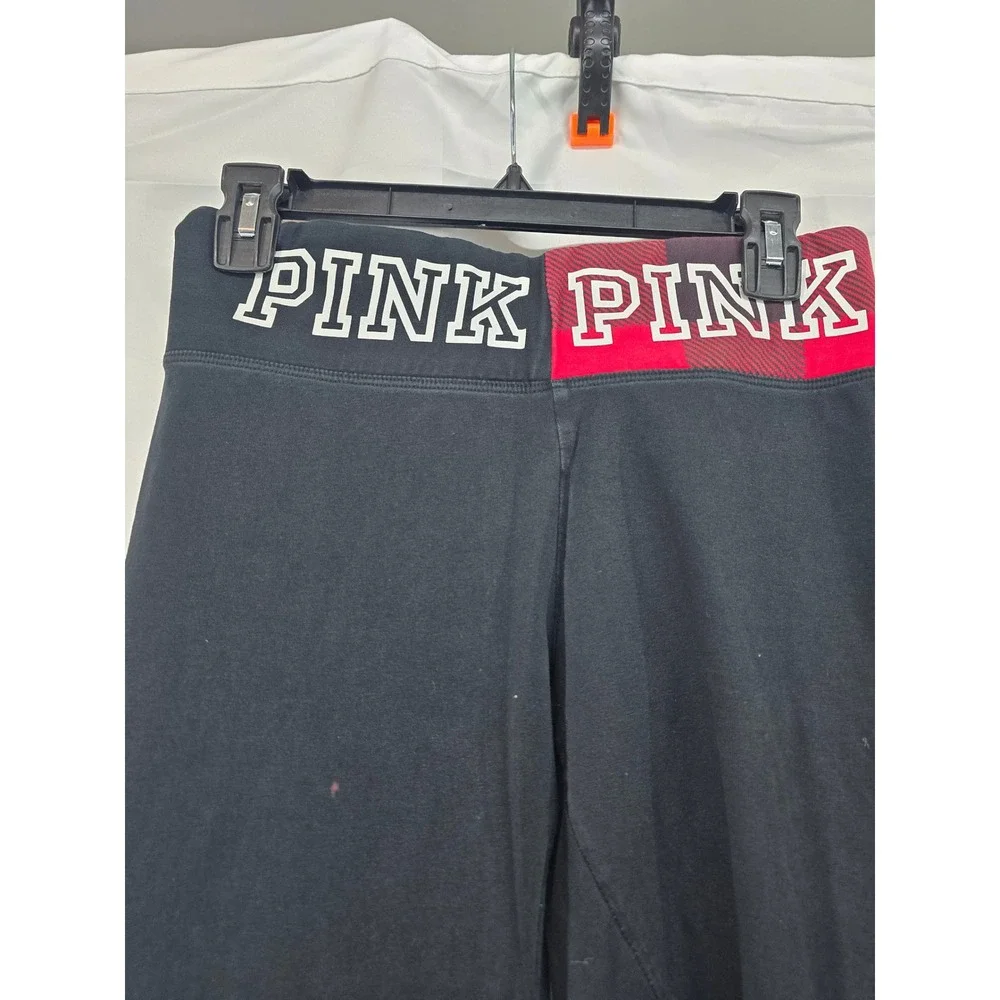PINK Victoria's Secret Yoga Leggings Black‎ Plaid Logo Waistband Women's M